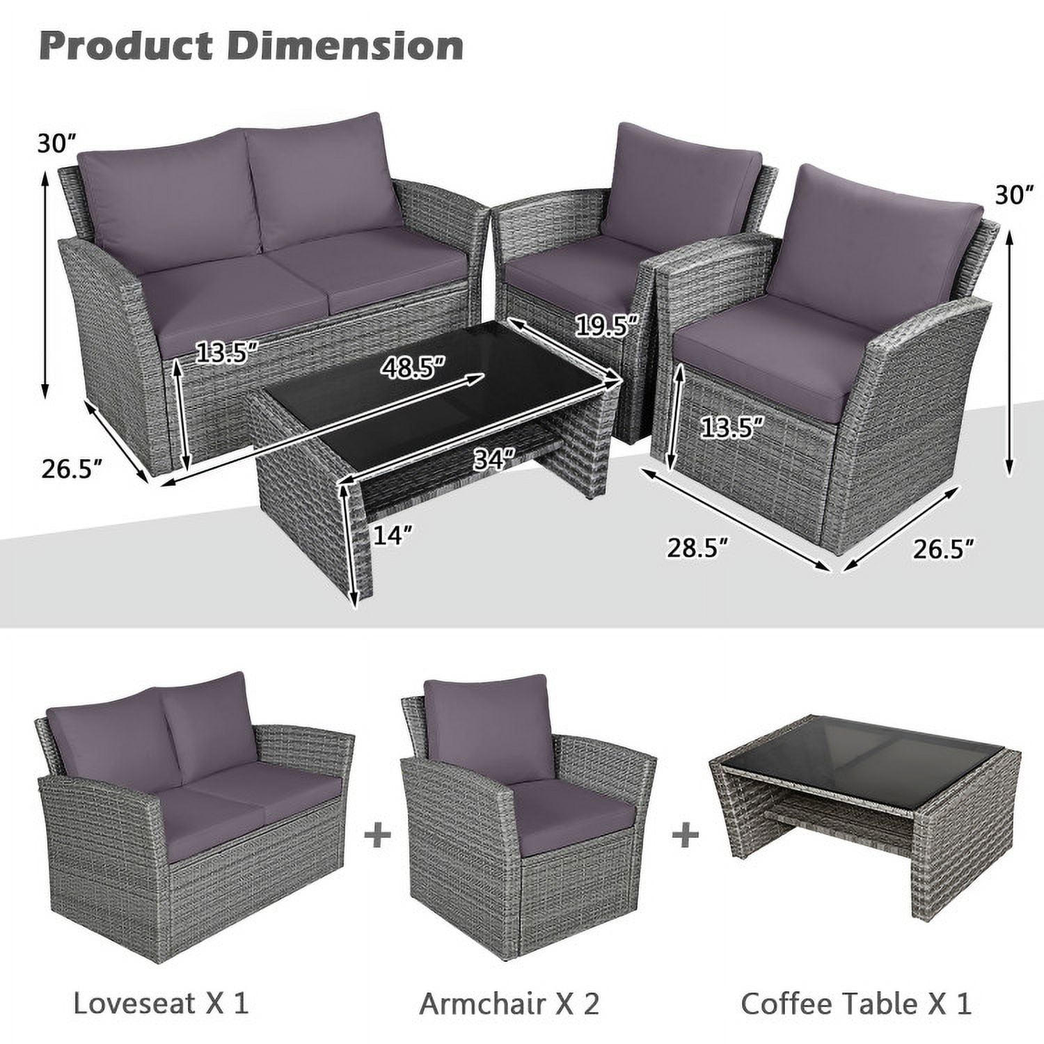 Aimee Lii 4 Pieces Wicker Patio Furniture Set Sofa Table with Storage Shelf Cushion, Modern Patio Furniture, Gray Aimee Lii 4 Pieces Wicker Patio Furniture Set Sofa Table with Storage Shelf Cushion, Modern Patio Furniture, Gray