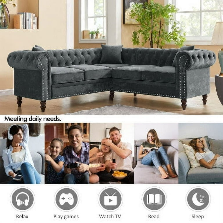 L-Shaped Velvet Tufted Sectional Sofa Set with 3 Pillows Classic  Upholstered Rolled Arm Chesterfield Sectional Sofa Couch for Living Room  Bedroom, 5