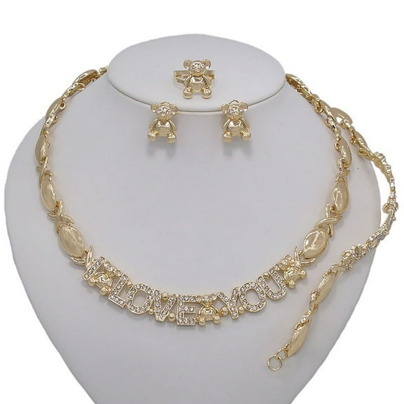 Women Hugs & Kisses Xo Necklace Ring Bracelet & Earrings set 18k Layered Real Gold Plated #47