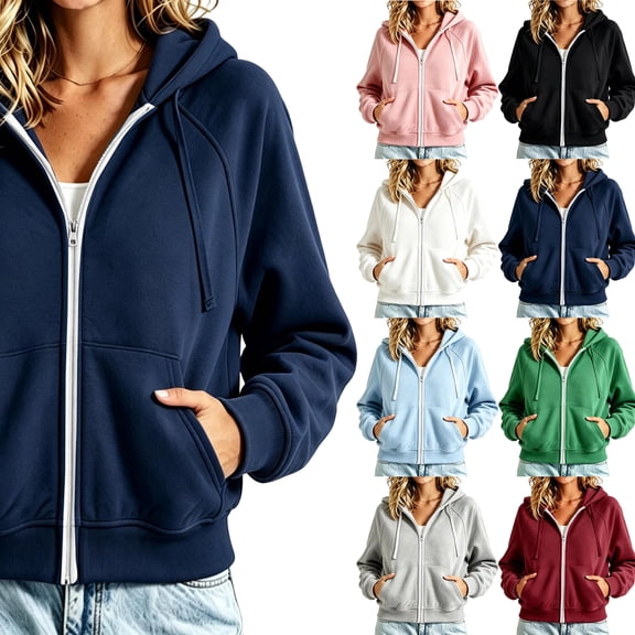 Jackets for Women Dqueduo Women's Solid Color Zip-Up Hoodie Sweatshirt with Pockets – Casual Long Sleeve Drawstring Top Blue L
