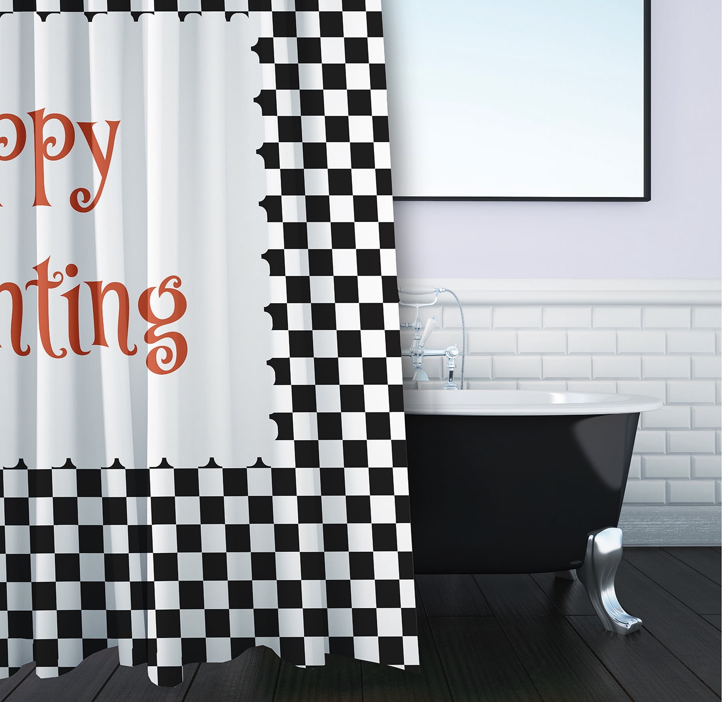 Simply Daisy 70" W x 73" L Halloween Happy Haunting Checks Polyester Shower Curtain, Black [1 Ct]
