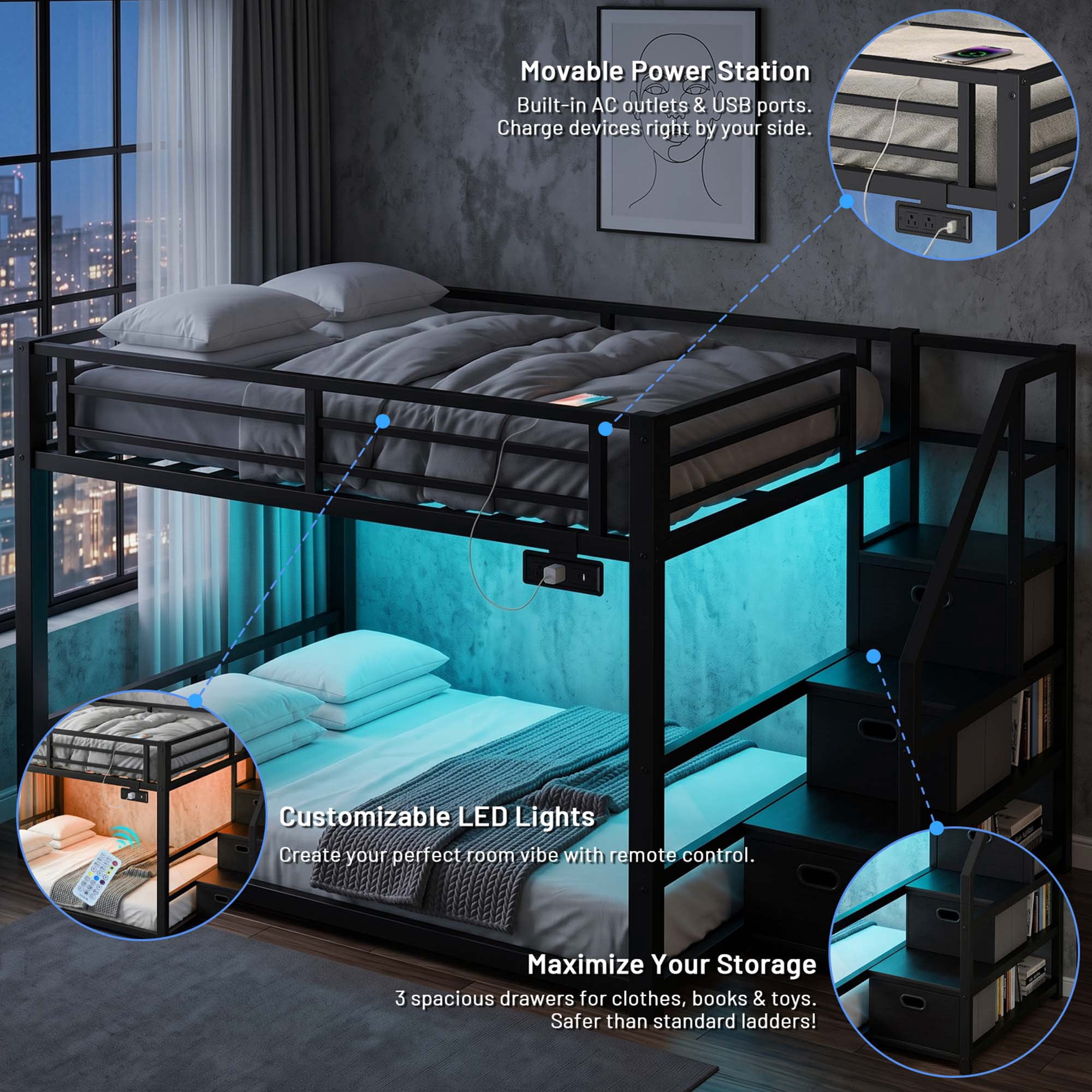 Miniyam Full Over Full Bunk Bed with Storage Stairs, Movable Charging Station and LED Lights, Black