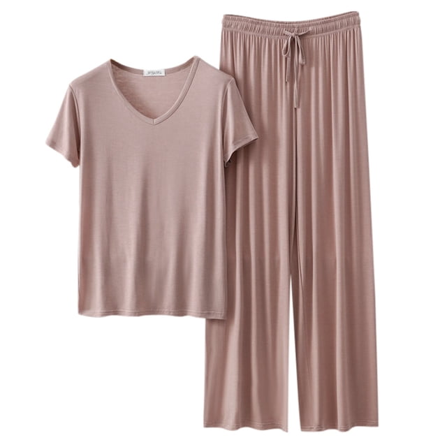 Womens 2 Piece Pajama Set - Short Sleeve Top & Wide Leg Pants - Polyester Spandex, Casual Homewear - M-XXL Sizes