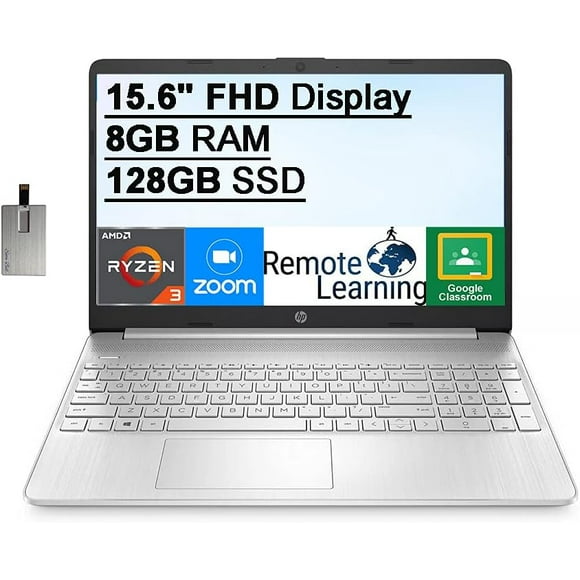 HP 15.6 FHD Display Laptop Computer, AMD Ryzen 3-3250U Processor(Beats Intel i5-1035G1), 8GB DDR4 RAM, 128GB SSD, AMD Radeon Graphics, HD Webcam, HDMI, Win 10S, Silver, 32GB Hotface USB Card