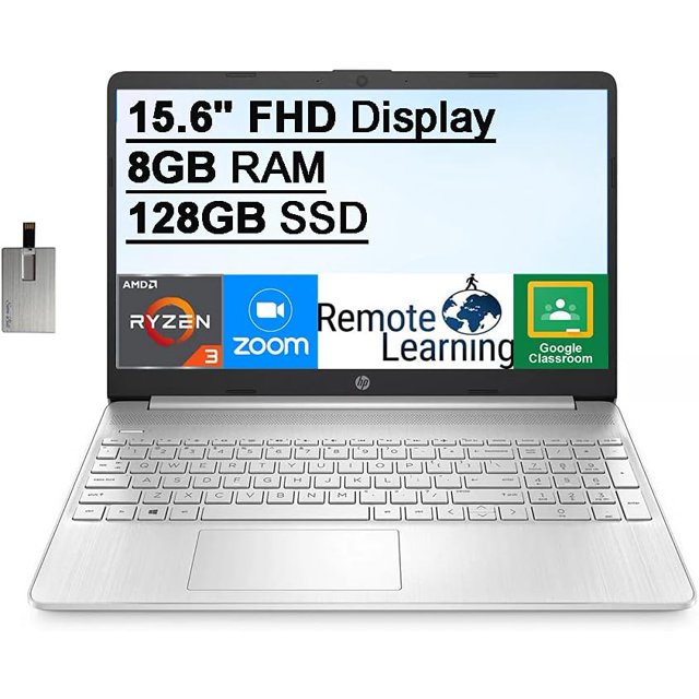 HP Ordinateur Portable à Écran FHD de 15,6, Processeur AMD Ryzen 3-3250U (Surpasse Intel i5-1035G1), 8 Go DDR4 RAM, 128 Go SSD, AMD Radeon Graphics, Webcam HD, HDMI, Win 10S, Argent, Carte USB Hotface de 32 Go