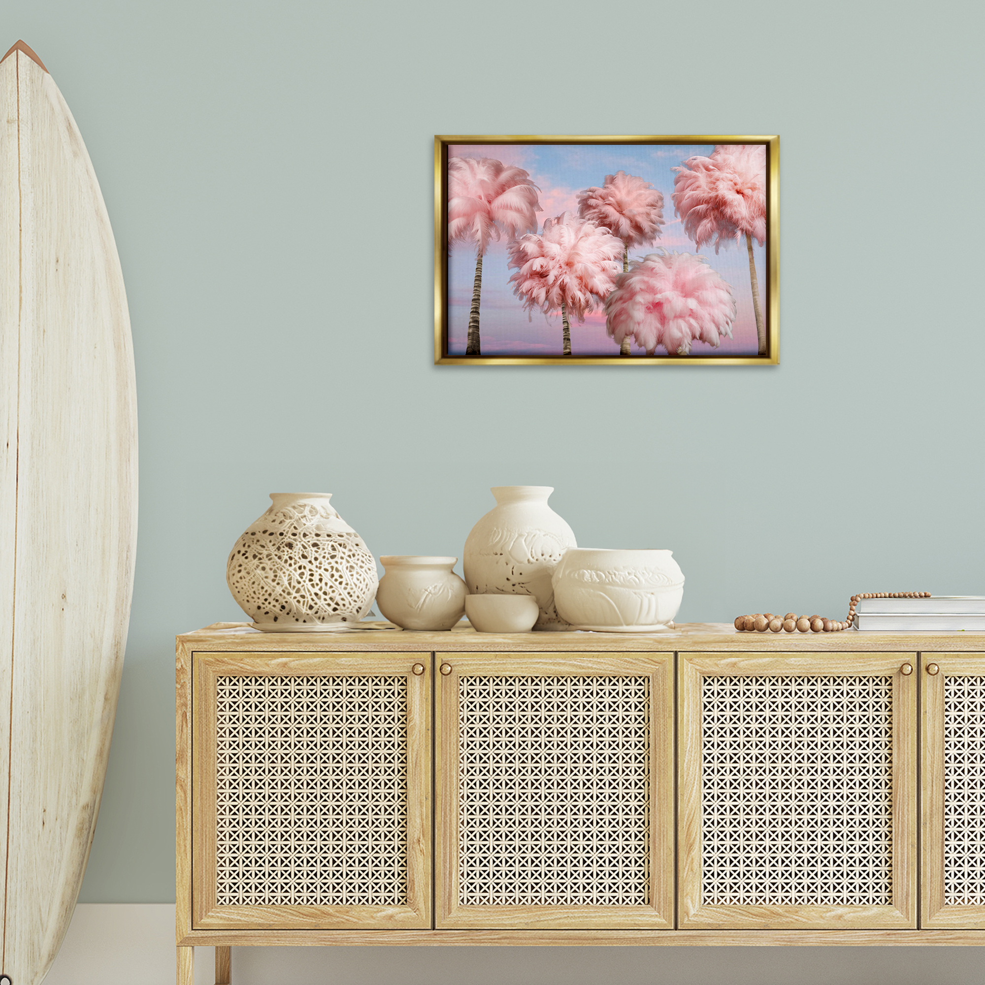 Stupell Industries Fluffy Pink Palm Trees Botanical & Floral Painting Gold Floater Framed Canvas Art Print Wall Art, 25 x 17