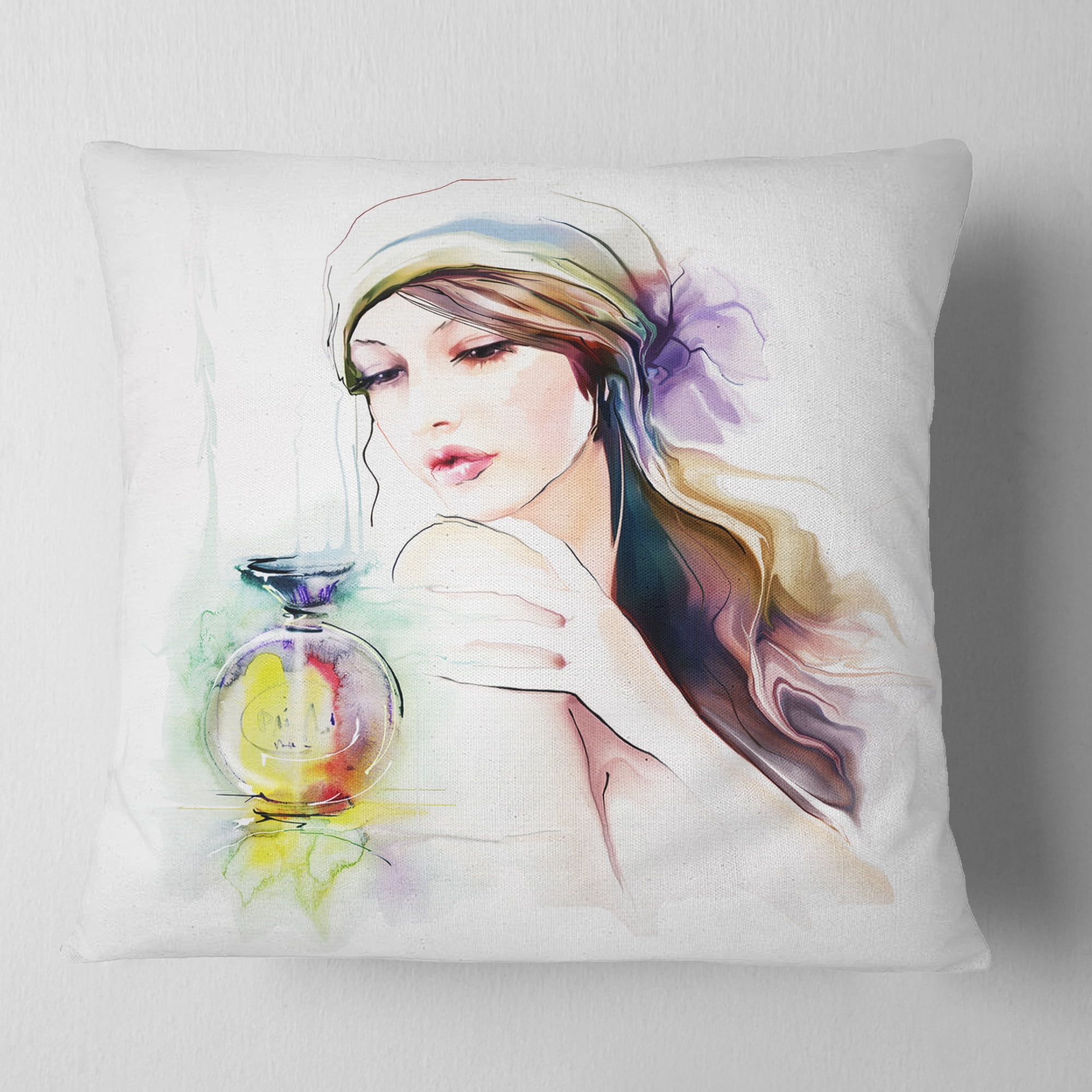 Designart Woman with Perfume Bottle - Portrait Contemporary Throw Pillow - 18x18