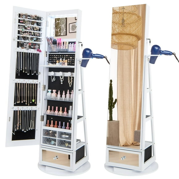 Giantex 360° Swivel Jewelry Cabinet, Standing Jewelry Armoire Organizer w/LED Light, Full Length Mirror & Dressing table, White