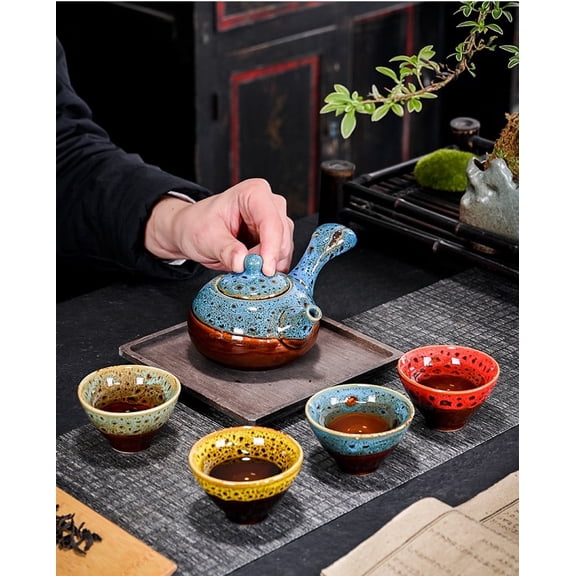 5Pcs Kiln Transformed Ceramic Kung Fu Tea Set Including 1 Teapot & 4 Cups, Peacock Four Color Jianzhan Teacups, Elegant Traditional Tea Set with Exquisite Gift Packaging