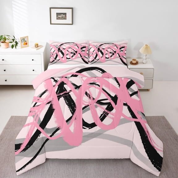 Erosebridal Abstract Geometric Stripes Comforter Sets Twin Size,Oil Painting Style Comforters & Duvets,Pink Black Bedding Twin Comforter Set,Breathable Room Decor Reversible,2-Piece