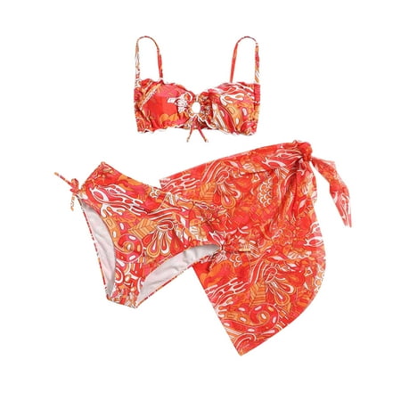

adviicd Baby Swimsuit Girl Girls Groovy Beach Sport Bandeau Bikini 3-Piece Swimsuit Orange 10 Years