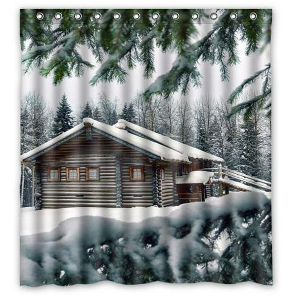 MOHome Winter Log Wood Cabin Shower Curtain Waterproof Polyester Fabric