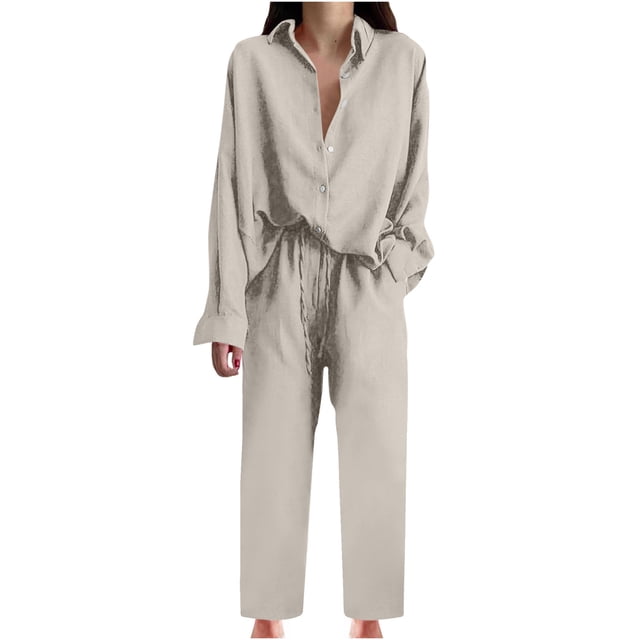 Timegard Lounge Sets for Women Button up Long Sleeve Shirts Straight Leg Pants with Pockets Fall Outfits
