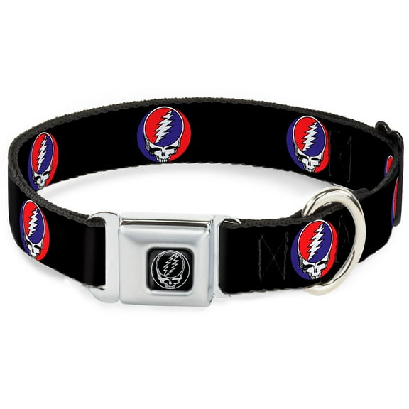 Grateful Dead Pet Collar, Dog Collar Metal Seatbelt Buckle, Steal Your Face Repeat Black Color, 20 to 31 Inches 1.5 Inch Wide
