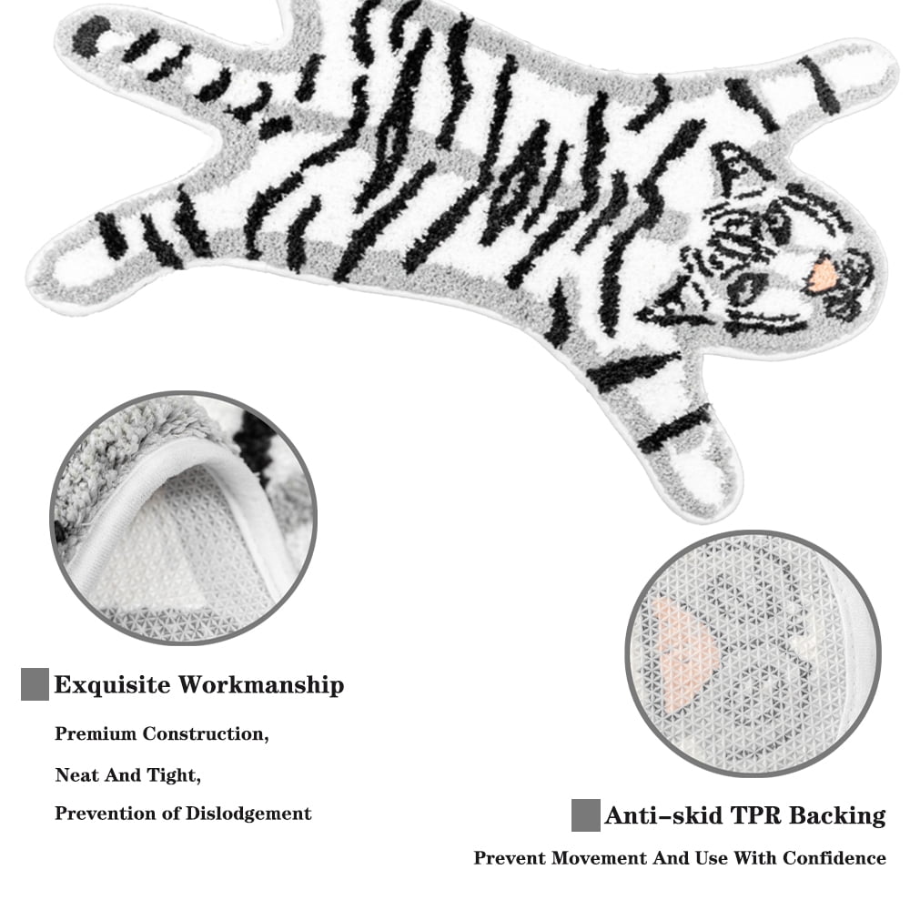 yingda1992 Tiger Bath Mat for Bathroom Cute White Tiger Cartoon Non Slip Animal Shaped Absorbent Bathtub Bathroom Plush Shower Rugs 25.6x38.6in