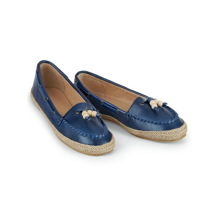 - Beaded Tassel Leather-like Moccasin Style Slip-on Rope Sole Shoes, 11, Navy