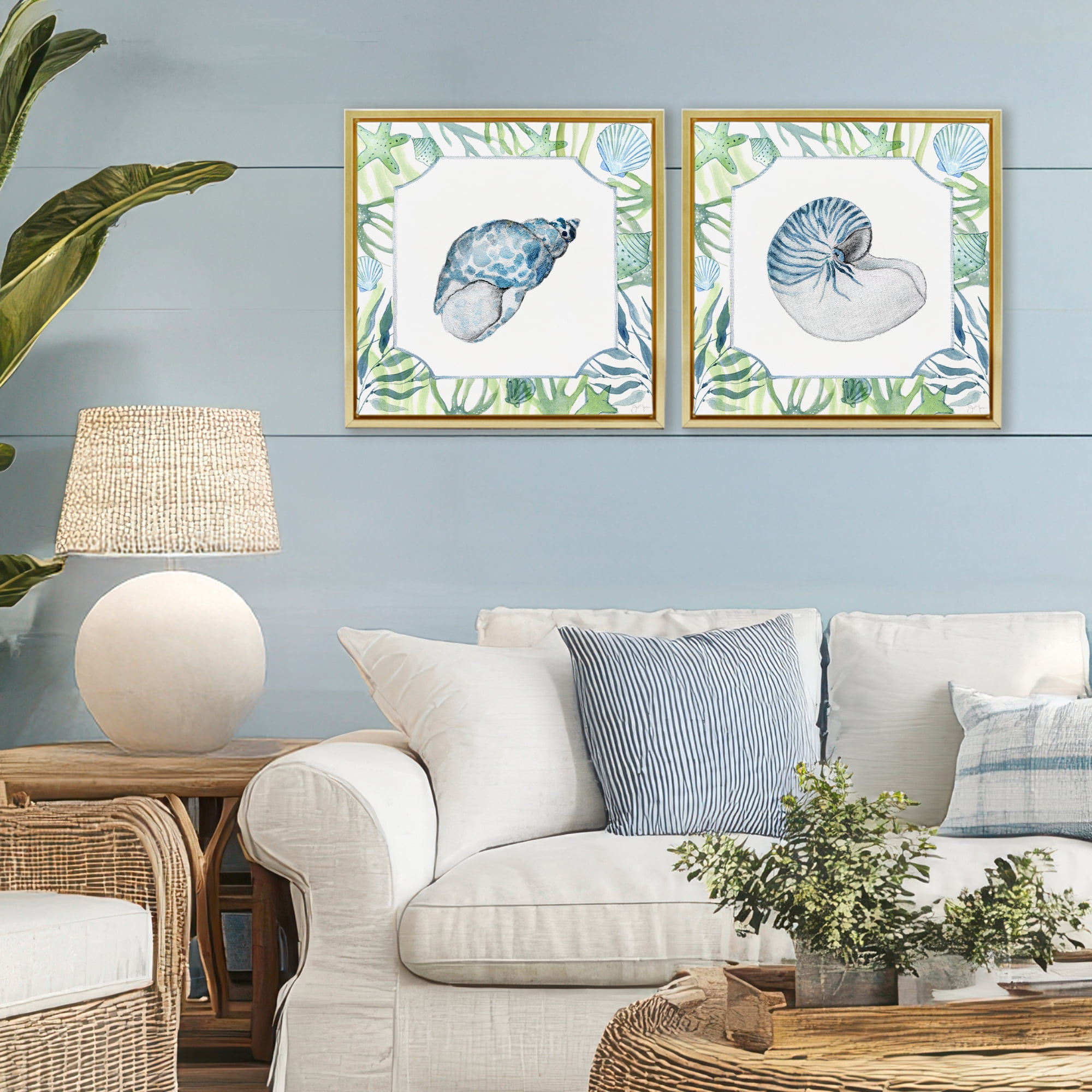 Stupell Industries Seaweed Bordered Seashells 2 Piece Gold Framed Floater Canvas Set, design by Janet Tava