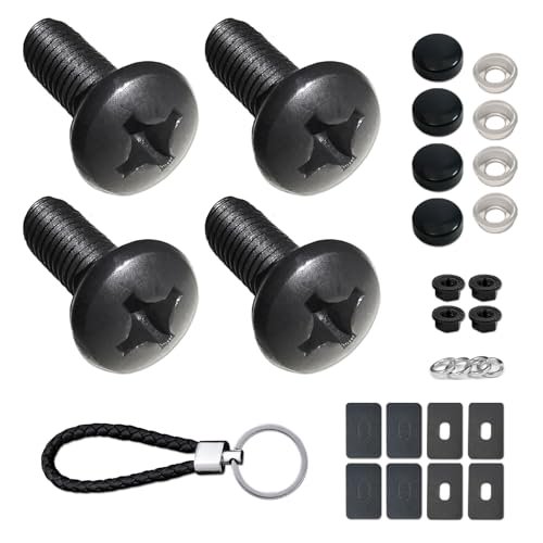 Black License Plate Screws - Rustproof stainless steel M6X16mm bolts with nuts and caps. Phillips machine screws for front/rear license plate mounting.