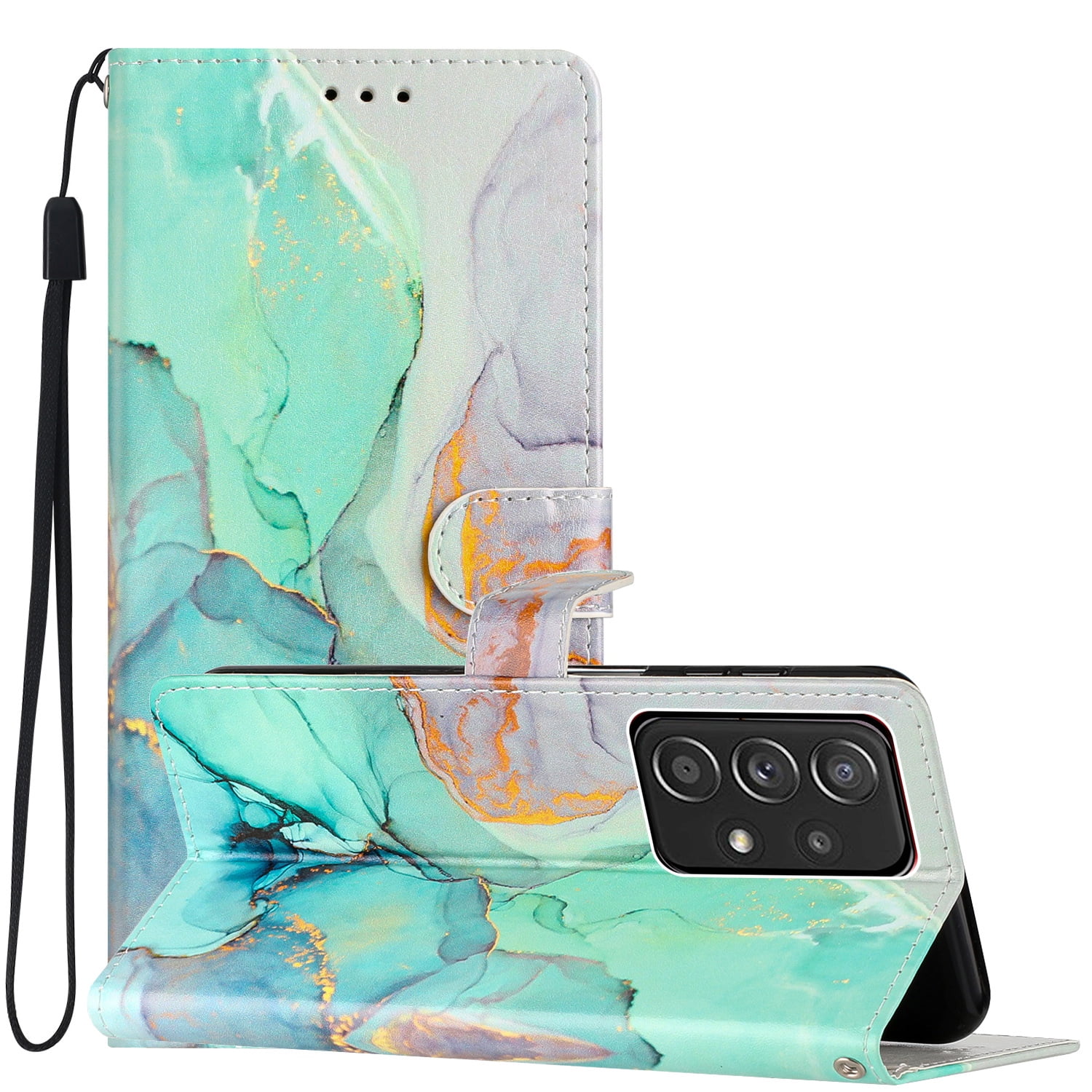 Case for Samsung Galaxy A23 5G Flowers Butterfly Pattern Wallet Cover, Premium PU Leather Card Slots Holder Magnetic Clasp Flip Case with Kickstand Soft TPU Shockproof Case,Green Marble