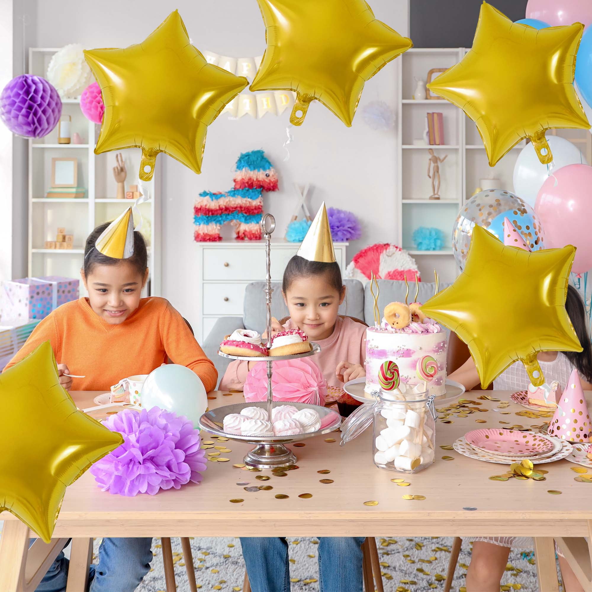 Unique Bargains 10Pcs Helium Balloons with Ribbon Star Pattern Gold Tone