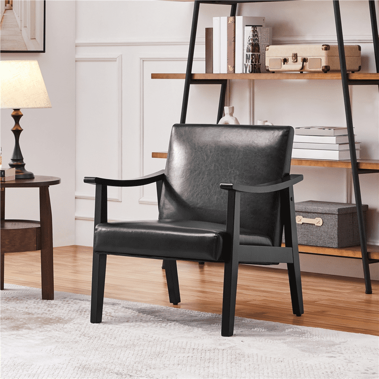 Renwick Mid-Century Accent Chair, Set of 2, Black Faux Leather photo 4