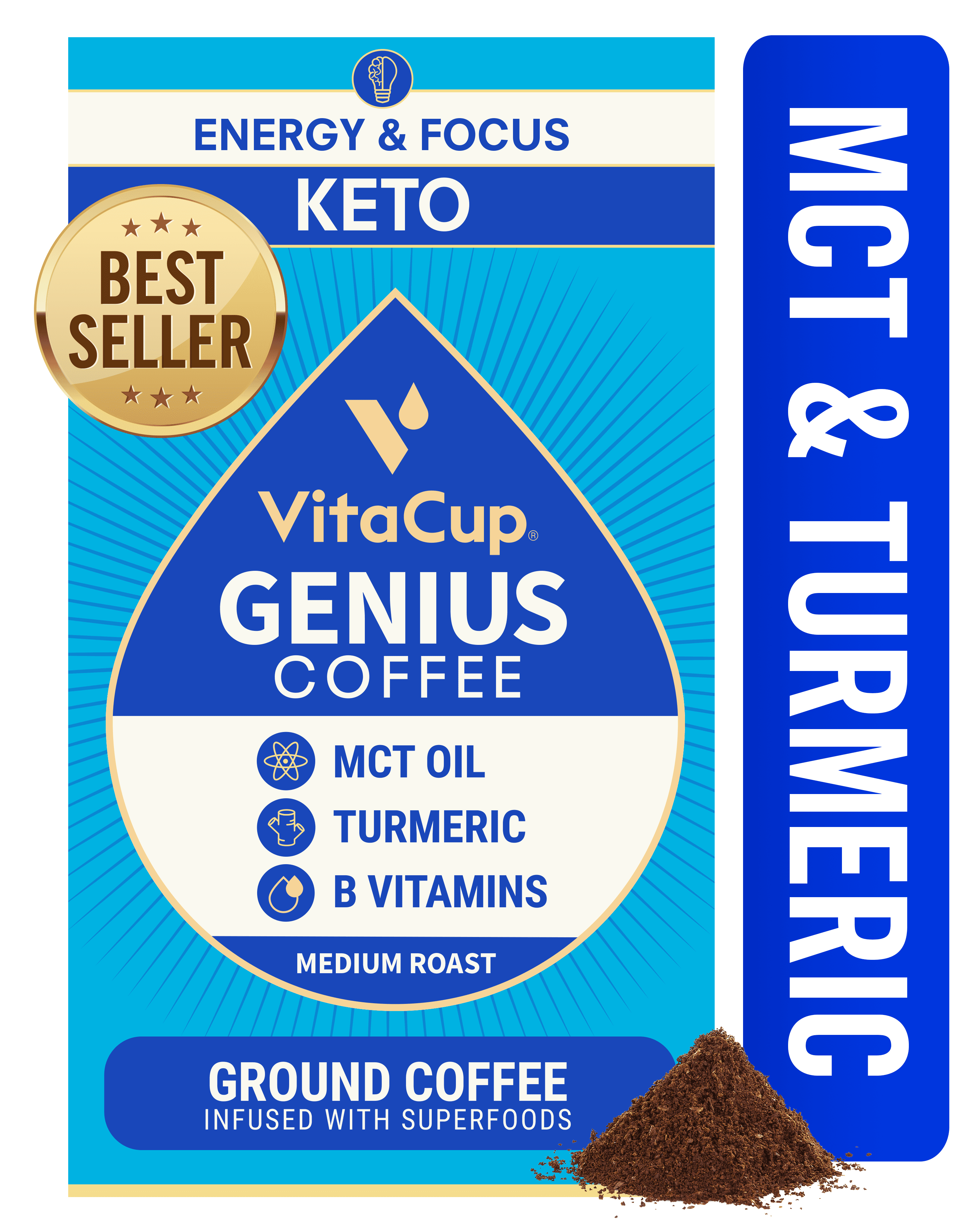 VitaCup Genius Keto Coffee Ground Bags 12oz MCT, Turmeric