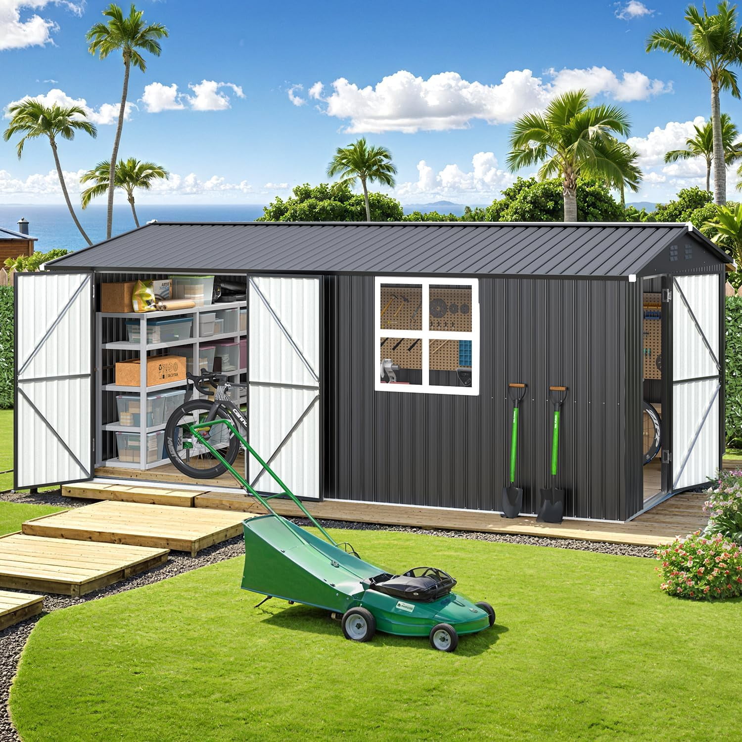 YODOLLA 16 x 12 Ft Metal Outdoor Storage Shed with Side & Front Doors & Windows, Large Steel Tool Shed for Garden, Patio, Backyard in Dark Grey