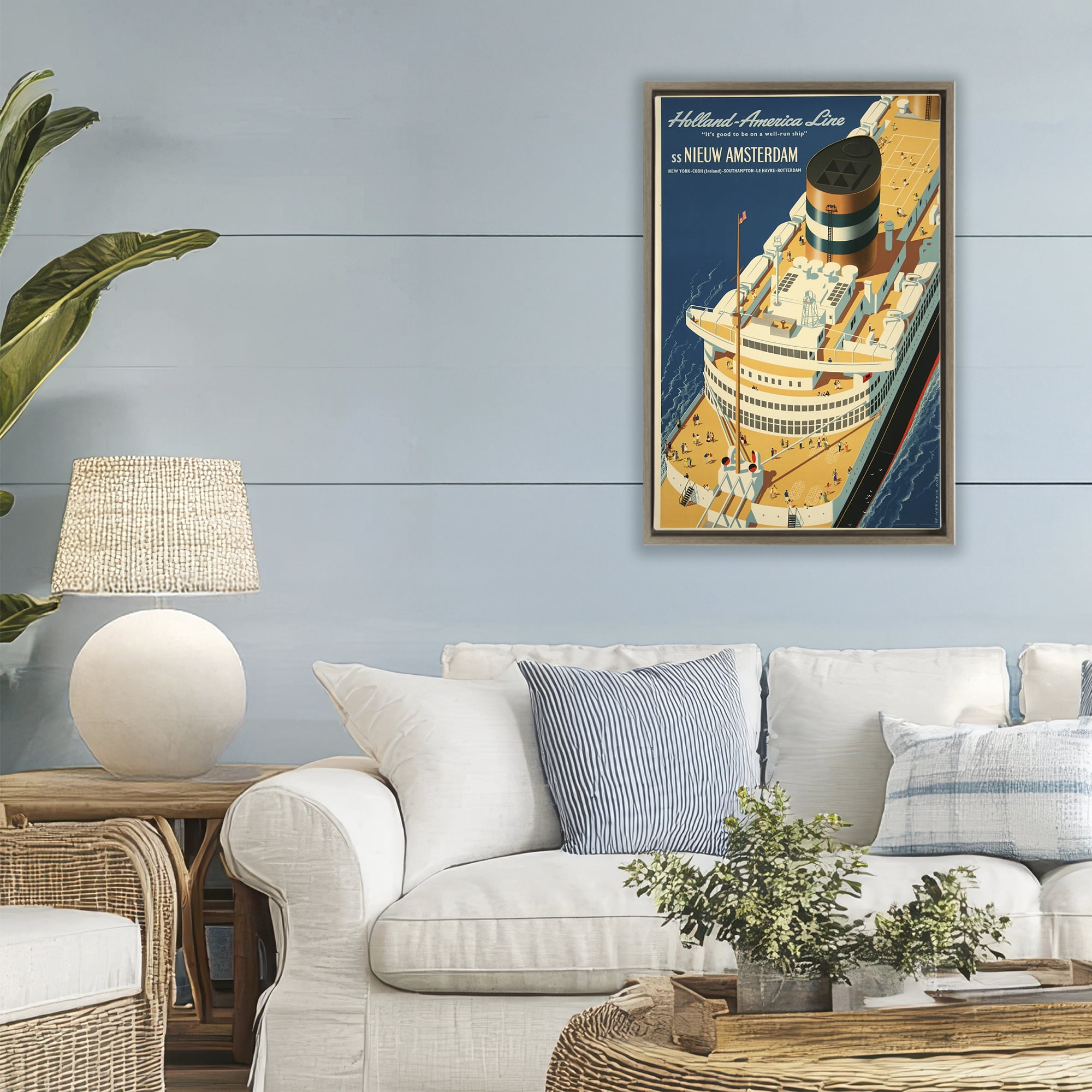 Stupell Industries Nieuw Amsterdam Cruise Ship Brown Framed Floater Canvas Wall Art, design by Vintage Posters
