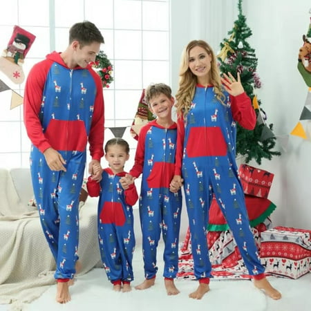 

Family Matching Pyjamas Christmas Festival Onesie Long Hooded Santa Printed Zipper Closure Pants