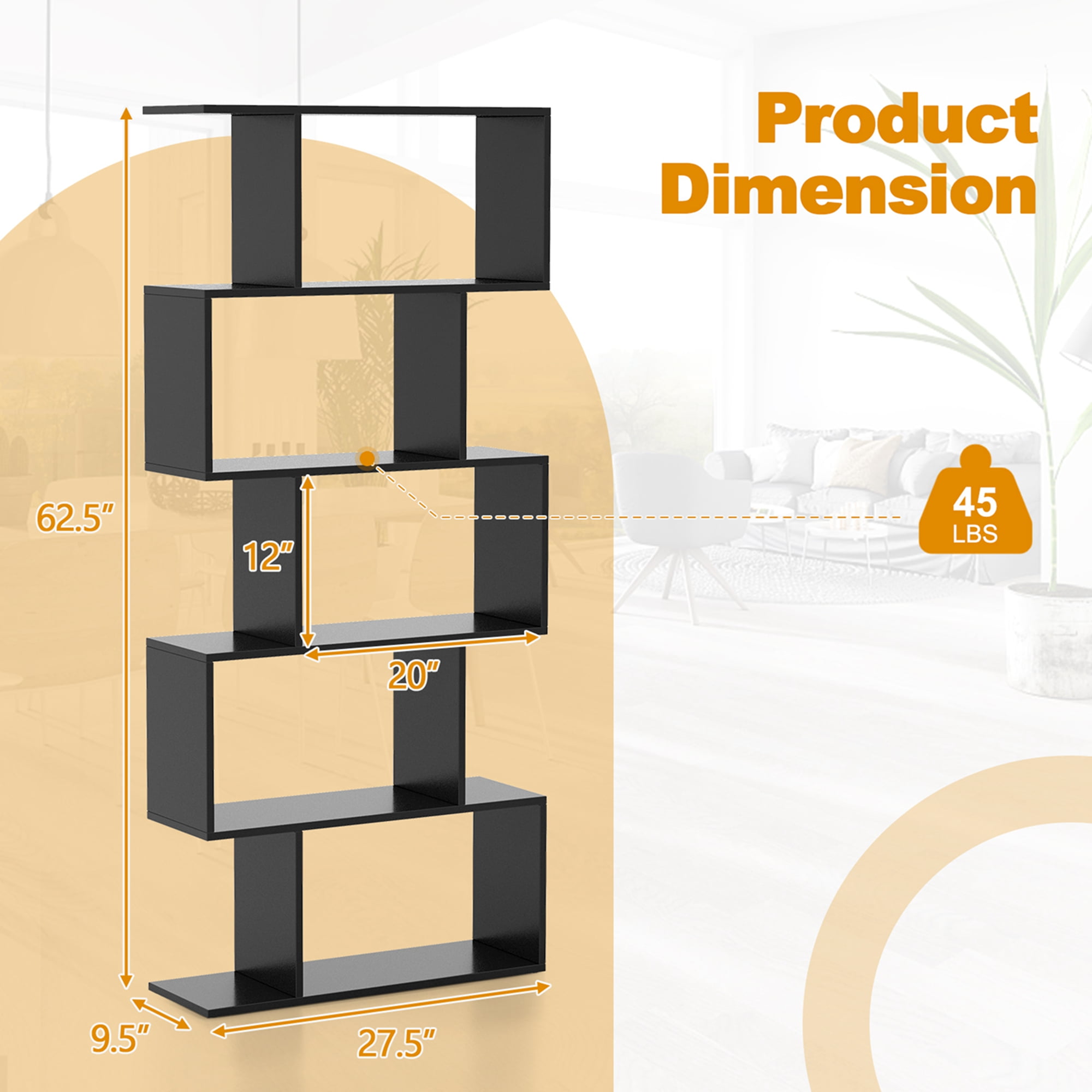 Costway 5-Tier Bookshelf Geometric S-Shaped Bookcase Room Divider Storage Display Shelf Black