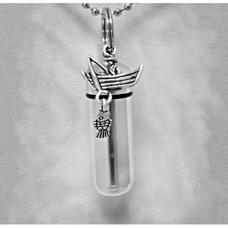 - Silver Fisherman in Boat with Fish - Personal CREMATION URN Keepsake with Velvet Pouch & Fill Kit