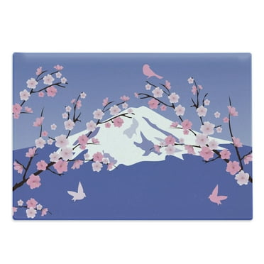 Flower Landscapes Cutting Board, Cherry Blossoms Birds and Mountains, Decorative Tempered Glass Cutting and Serving Board, in 3 Sizes, by Ambesonne