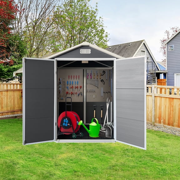 6x4 ft Plastic Waterproof Outdoor Storage Garden Tool Shed with Floor Lockable Door Window for Backyard, Patio, Lawn, Gray
