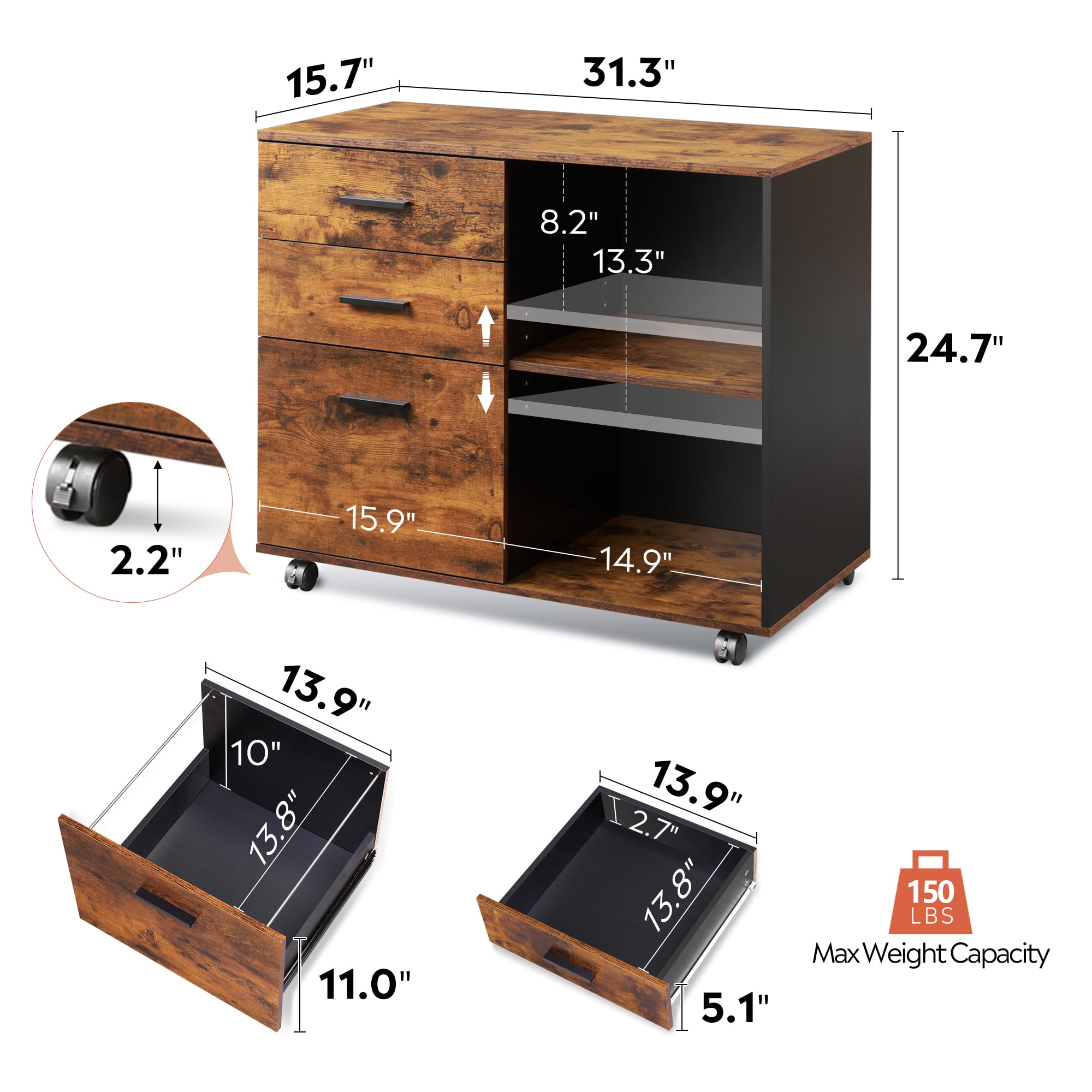 GALAXHERO 3-Drawer Filing Cabinet, Mobile Lateral File Cabinet, Printer Stand with Open Shelves, Wood Office Cabinet, Rustic Brown