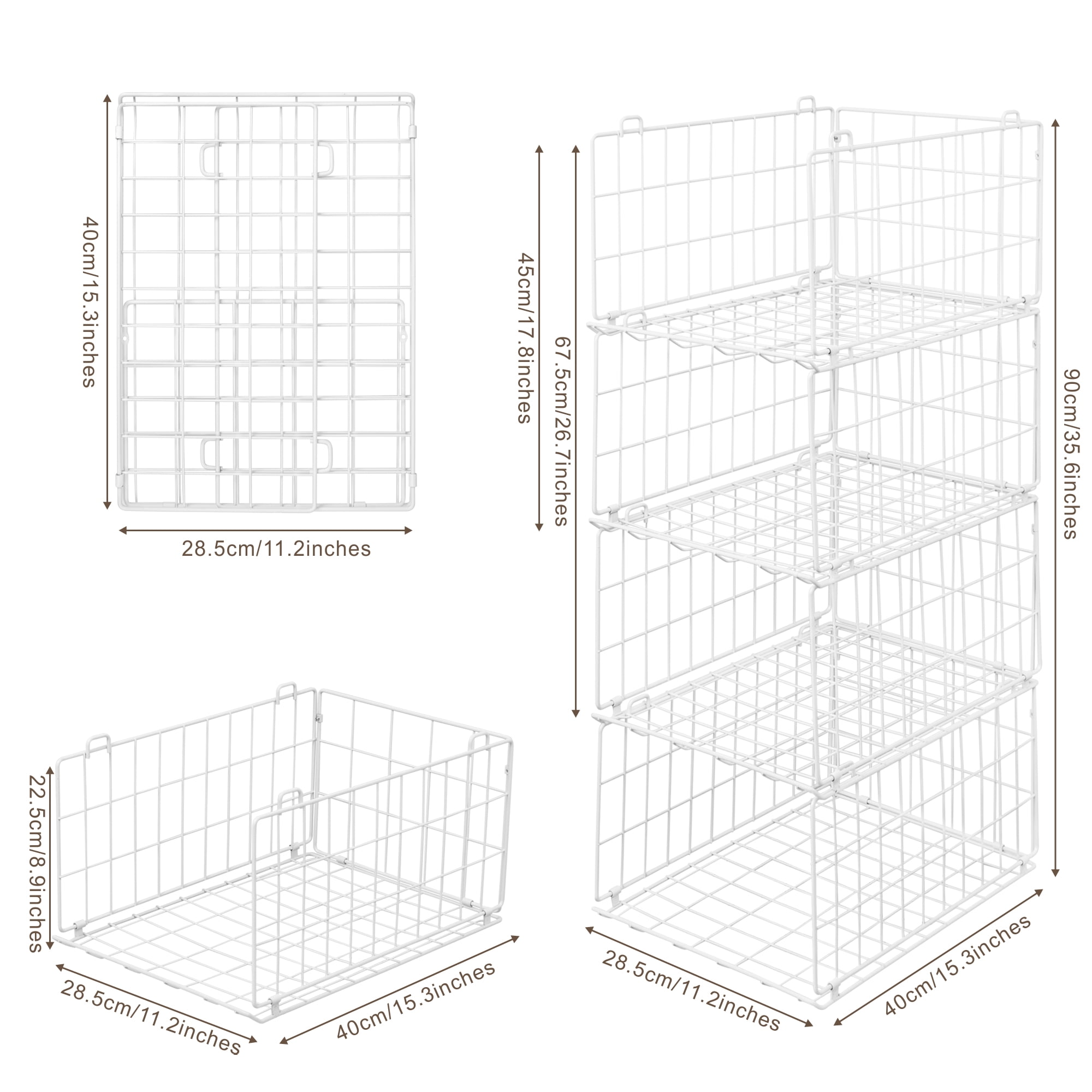Lonian 4-Tier Stackable Closet Organizer, Foldable Metal Wire Storage Basket, White