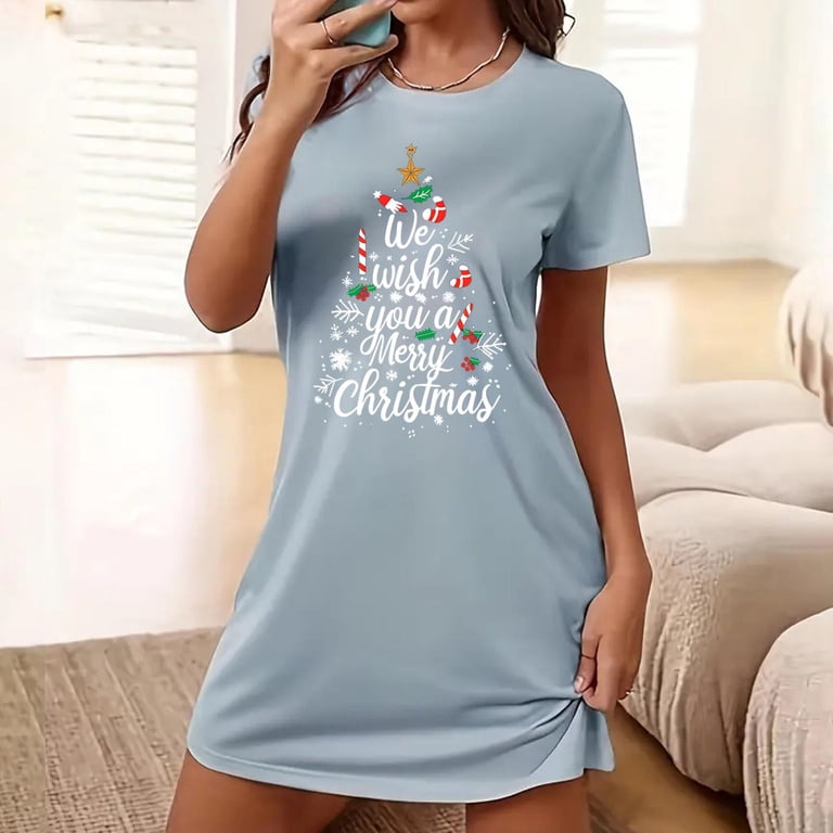 plus size christmas novelty dress Tnhcen Holiday Sleep Funny Print Short Sleeve Round Neck Short Length Stretchy Polyester Spandex S-2XL for Cozy Nights Adrianna papell