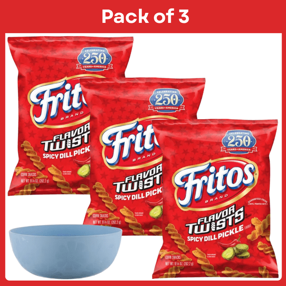 Pack of 3 Fritos Spicy Dill Pickle Twists Corn Snack Chips, 9.25 oz- With Bowl