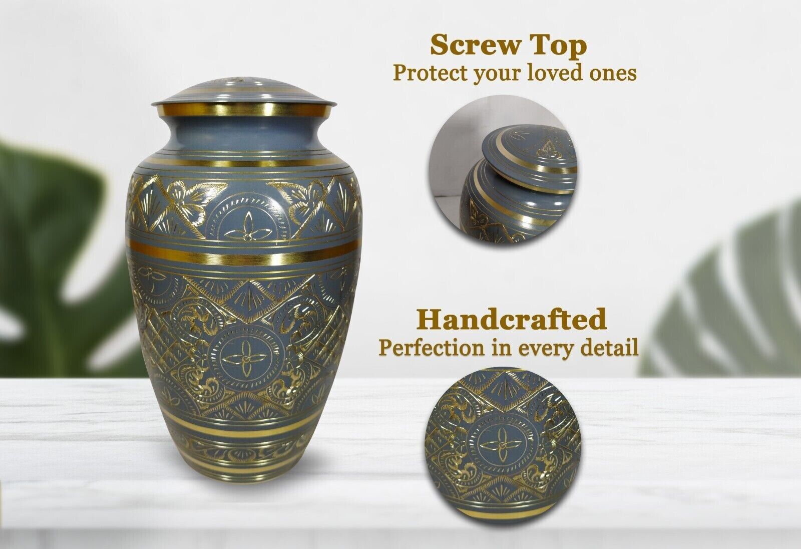 Cremation Urn Grey And Gold Engraved Funeral Burial Urn For Human And Pet Ashes Adult Size Urn with velvet bag