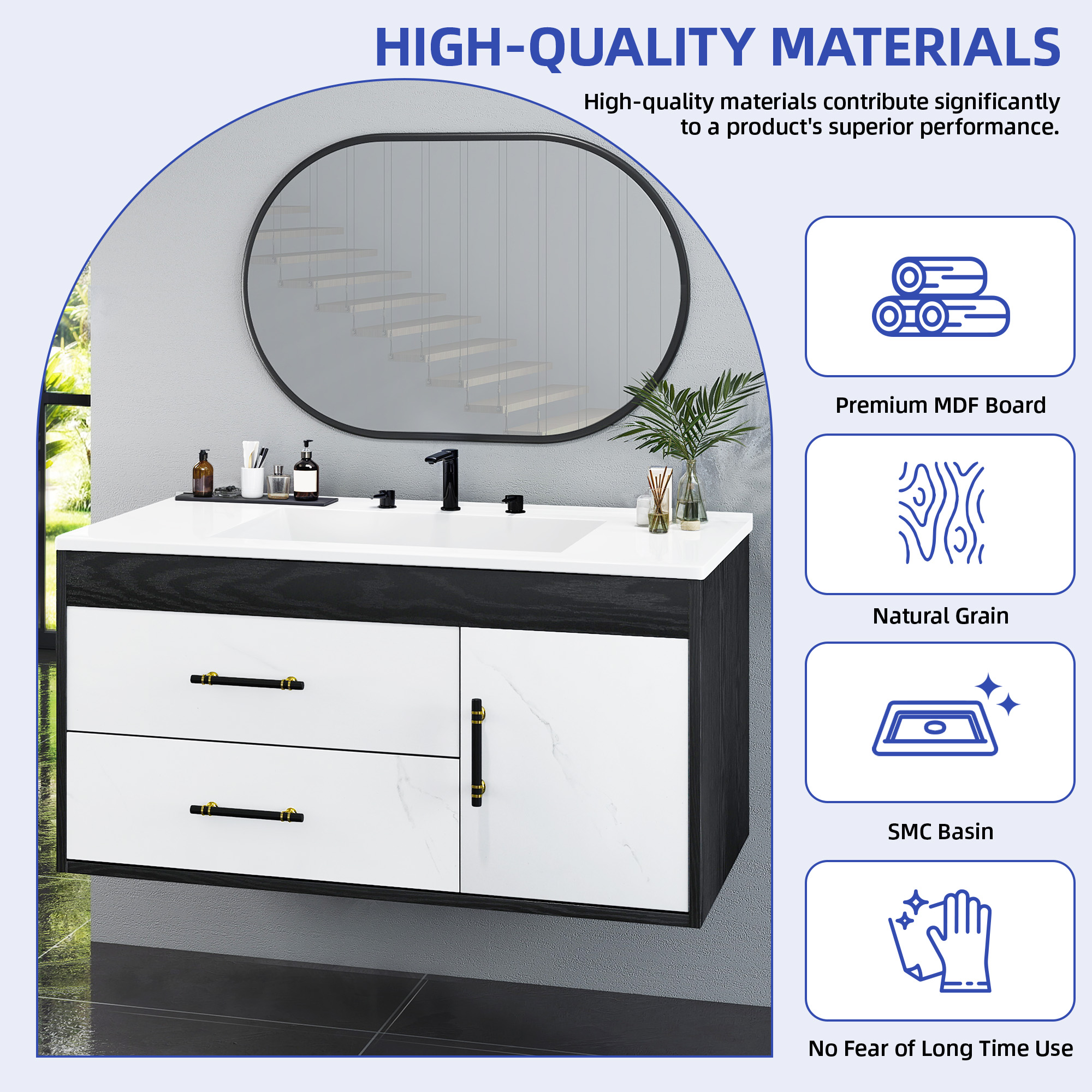 ModFusion 37" Bathroom Vanity Cabinet with SMC Single Basin & Dual Drawers with Soft-Close Doors, Black White
