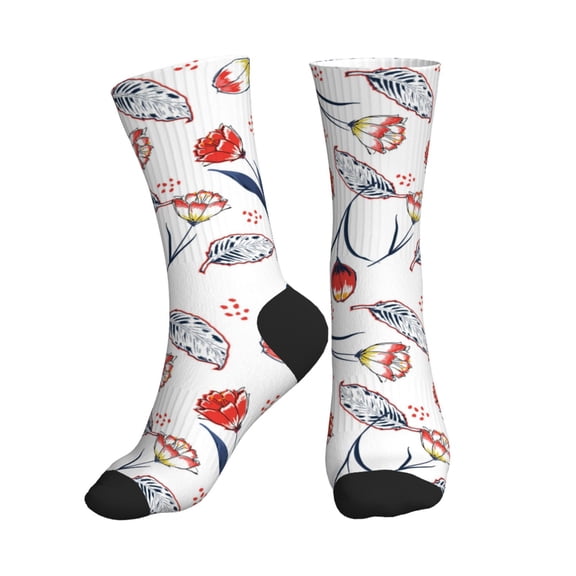 Crew Socks for Women Men Athletic - Tulips Flowers Blue White Soft Comfort Breathable Mid-Calf Sole Running Socks Womens Men