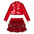 thumbnail image 4 of YONGHS Kids Girls Sequins Long Sleeve Crop Top with Shorts Culottes Jazz Hip Hop Dance Costume Red 14, 4 of 5
