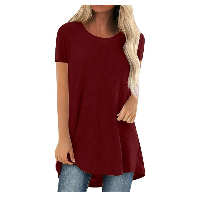 Long Tunic Tops for Women to Wear with Leggings,Womens Shirt Tops Casual  Flowy Crewneck T Shirts Solid Color Short Sleeve Tops Hide Belly Loose  Fitted Short Sleeve Shirts 