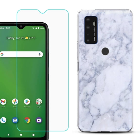 Shockproof Bumper Phone Case for AT&T Radiant Max 5G / Fusion 5G, with Tempered Glass Screen Protector, by OneToughShield ® - Marble / Clouds