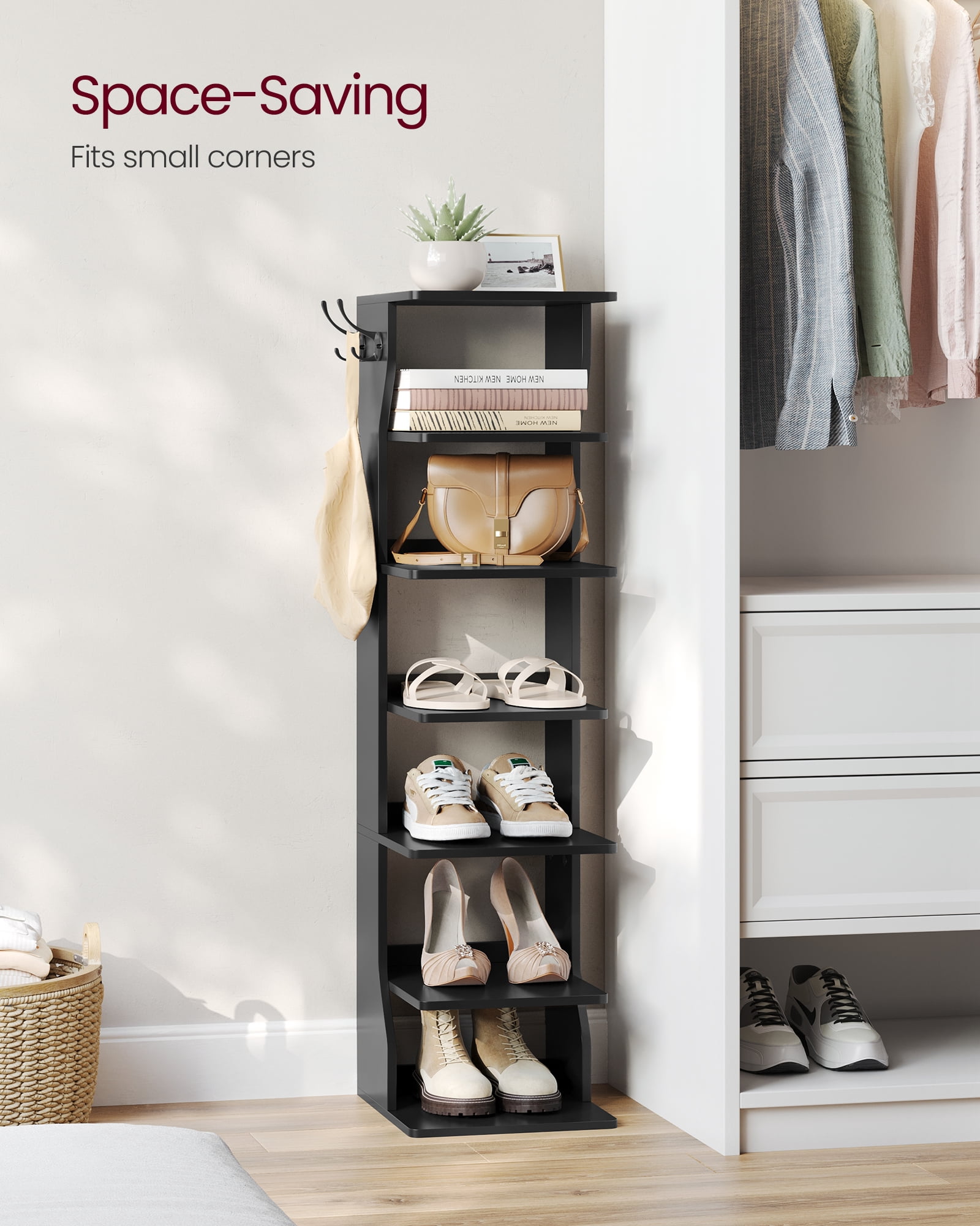 VASAGLE 7 Tier Shoe Rack, Narrow Shoe Storage Organizer with Hooks, Slim Wooden Corner Shoe Tower Rack, Robust and Durable, Space Saving, Black