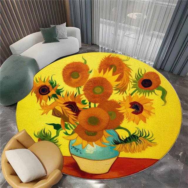 Round Rug 8x8ft Abstract Sunflower Vase Soft Fluffy Round Area Rug, Washable Non-Slip Floor Carpet for Living Room Bedroom Kids Room Bathroom, Easy Care