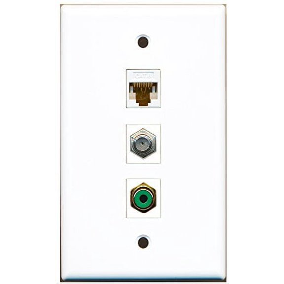 RiteAV - 1 Port RCA Green and 1 Port Coax Cable TV- F-Type and 1 Port Cat6 Ethernet White Wall Plate