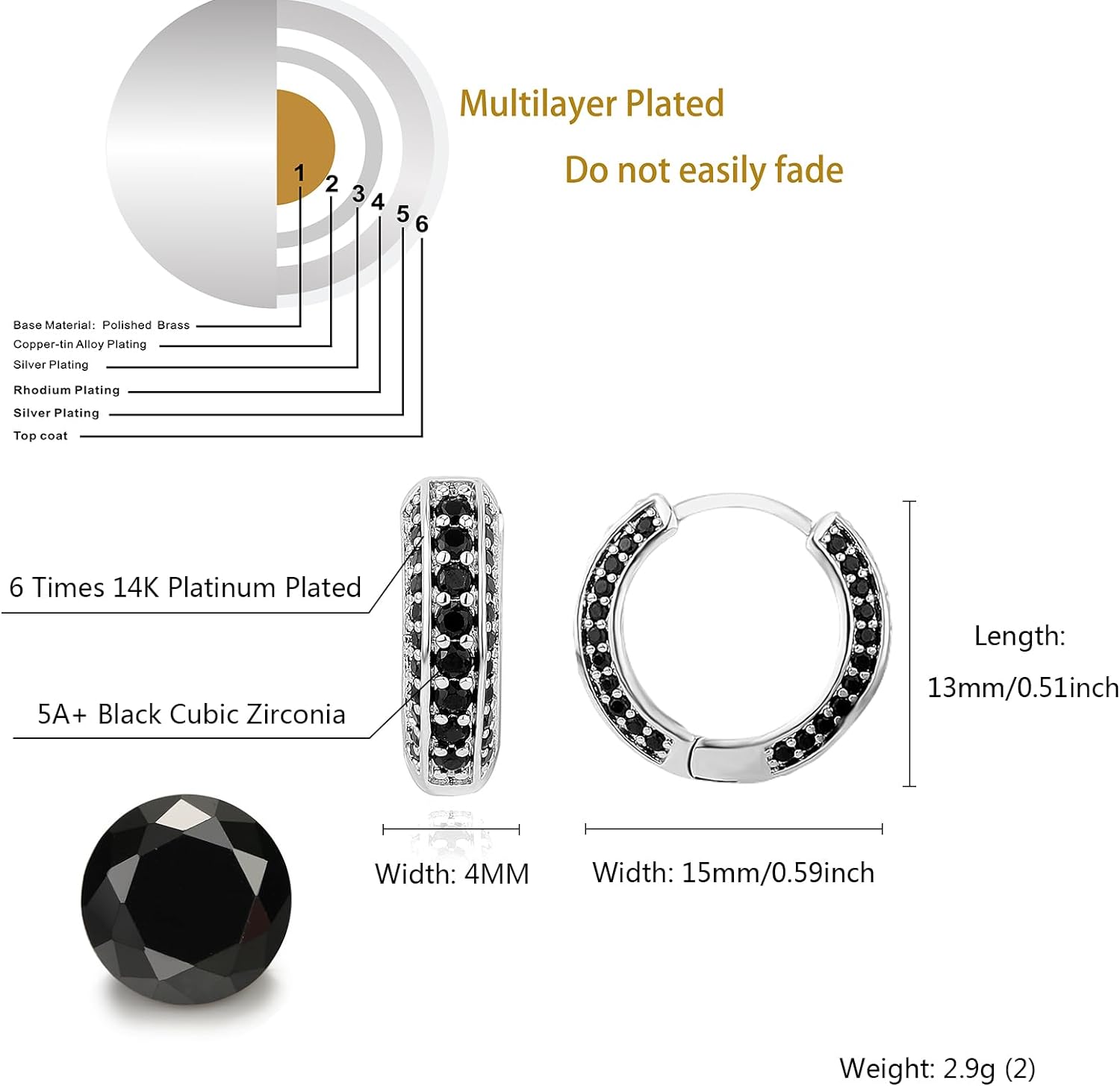 Leander Iced Out Hoop Earrings Cubic Zirconia Huggie Cartilage Cuff Hypoallergenic 14K Gold Plated Luxury Fashion Round Circle Earrings For Men Women