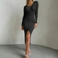 thumbnail image 5 of yillto Women Knit Dress Split Long Sleeve Ruched Slim Midi Dresses High Waist Ribbed Formal Outfits, 5 of 6