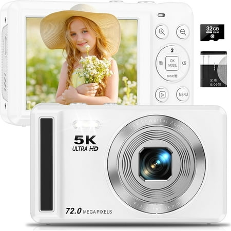 5K Digital Camera 72MP UHD Autofocus Point and Shoot Compact Vlogging Camera 2.8 Inch Screen 16X Zoom 32GB SD Card for Kids Photography