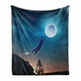 thumbnail image 1 of Cat Soft Flannel Fleece Throw Blanket, Pet Jumping in the Air Catching the Moon at Night Sky Stars Fantasy Artwork, Cozy Plush for Indoor and Outdoor Use, 60" x 80", Blue Magenta, by Ambesonne, 1 of 6